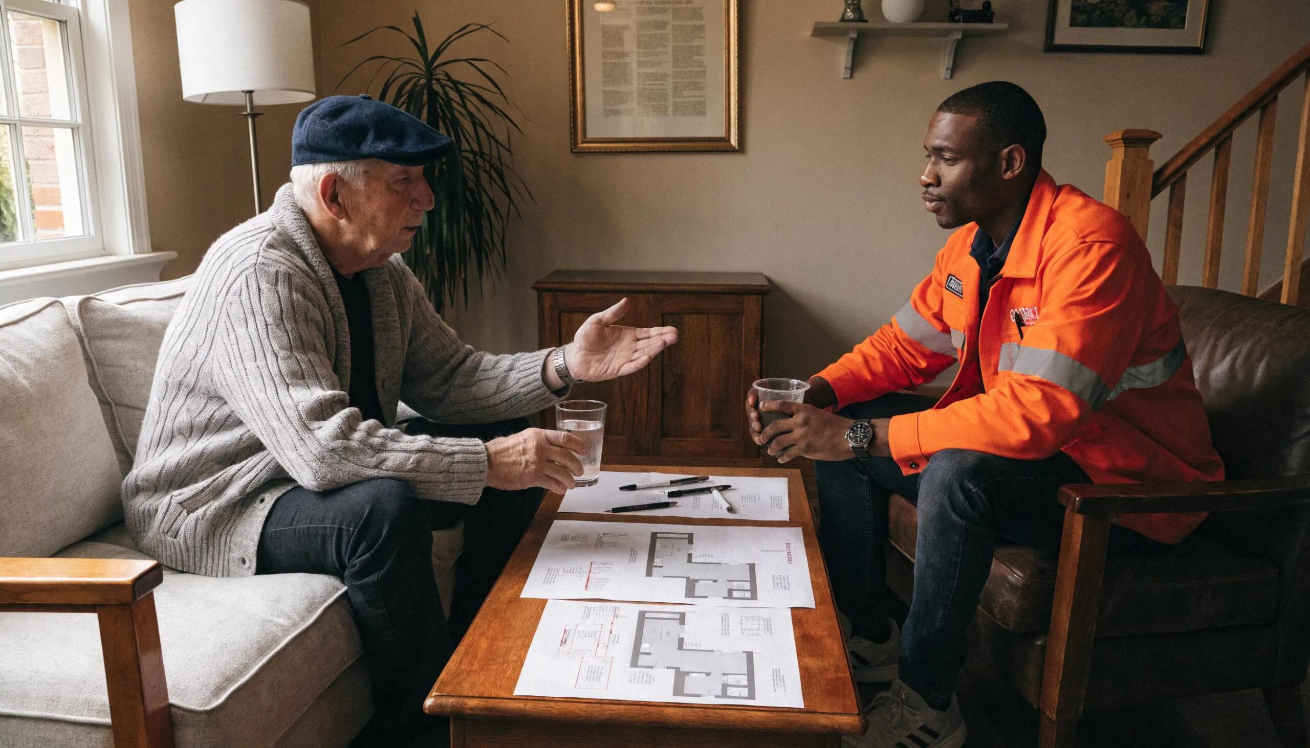 Homeowner consulting with HVAC professional, highlighting qualities for choosing the right emergency repair services