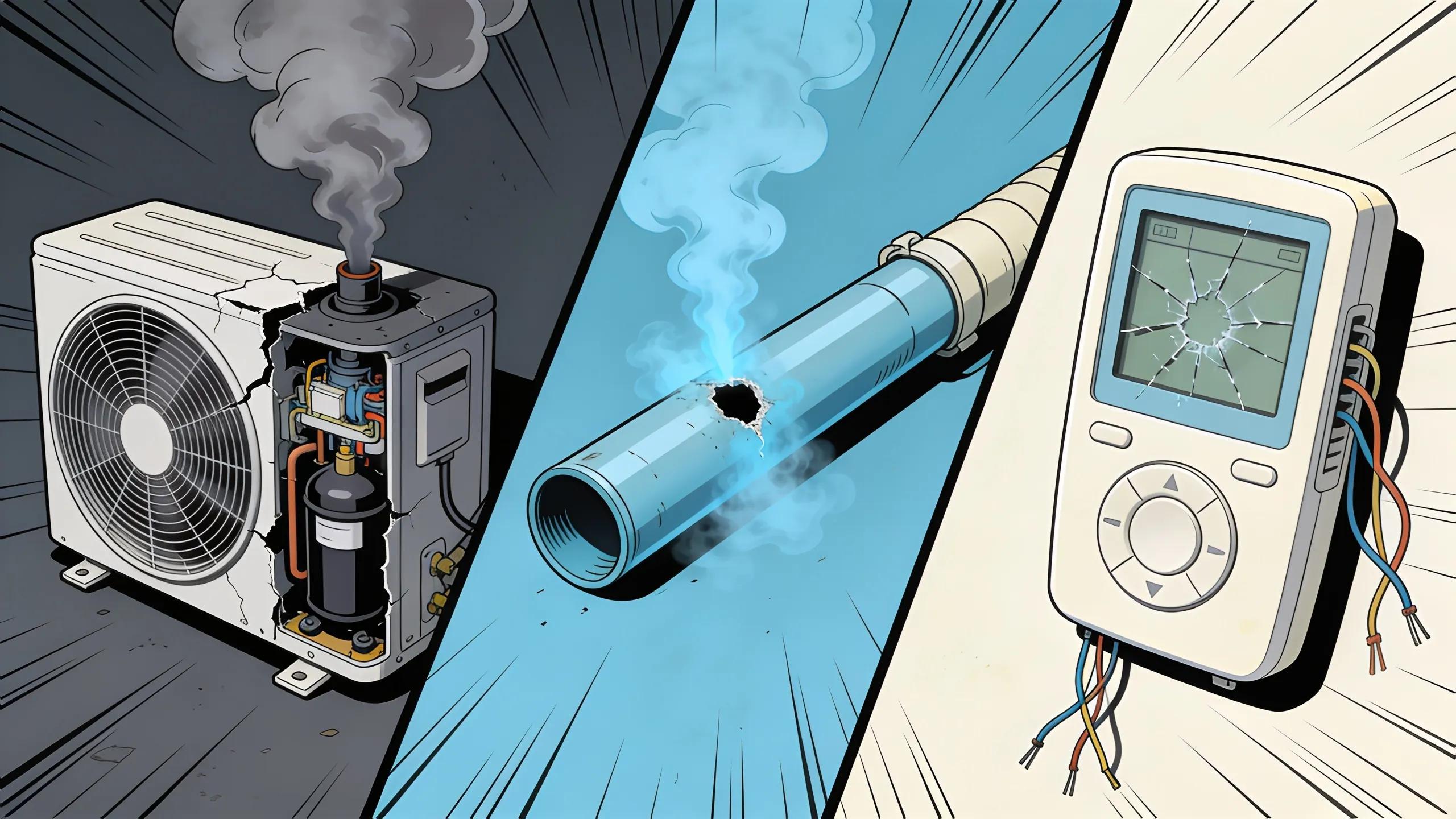 Visual representation of common air conditioning emergencies like compressor failure and refrigerant leaks