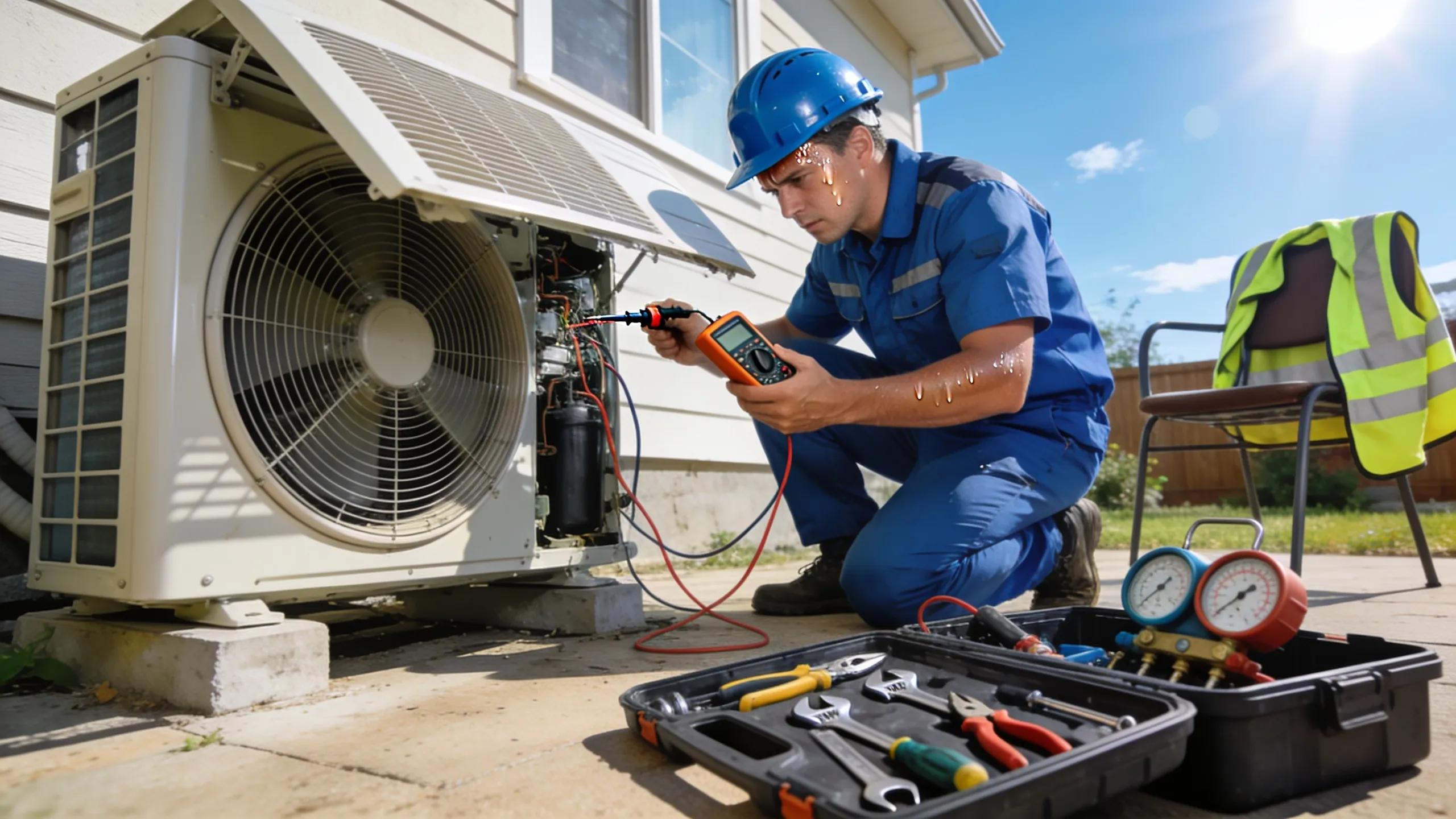Technician performing urgent air conditioning repairs during summer, emphasizing emergency service importance
